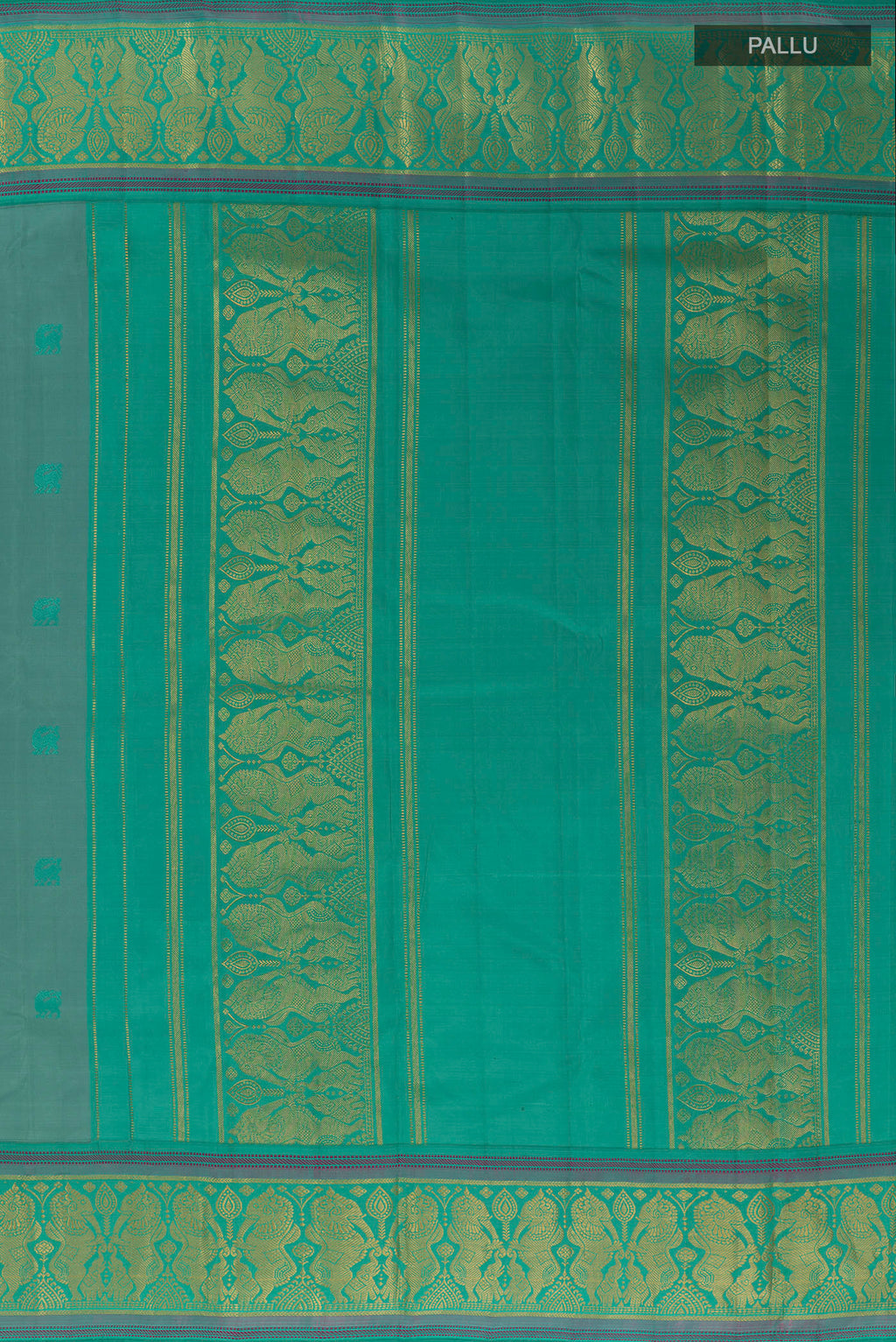 Close up image of the pallu of Pure Silk Sage Green Kanjivaram Saree with Thread Butta on the body and Zari Border. 