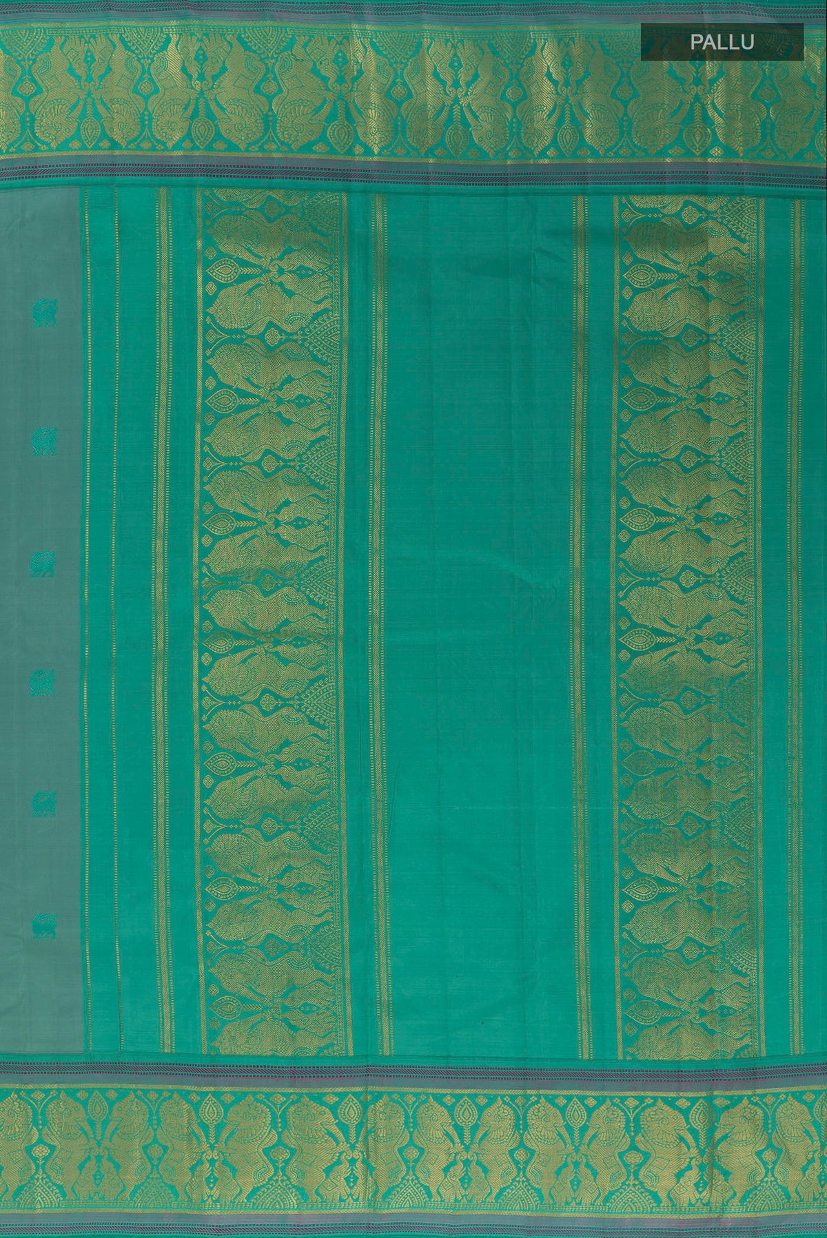 Close up image of the pallu of Pure Silk Sage Green Kanjivaram Saree with Thread Butta on the body and Zari Border. 