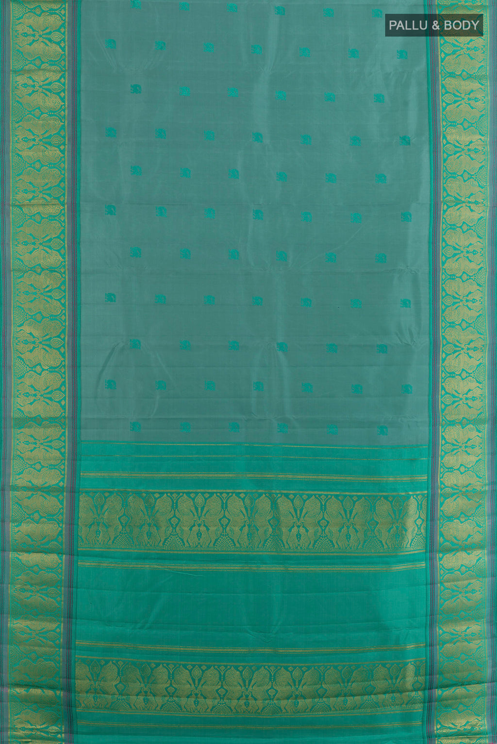 Flat view of Pure Silk Sage Green Kanjivaram Saree with Thread Butta on the body and Zari Border. 