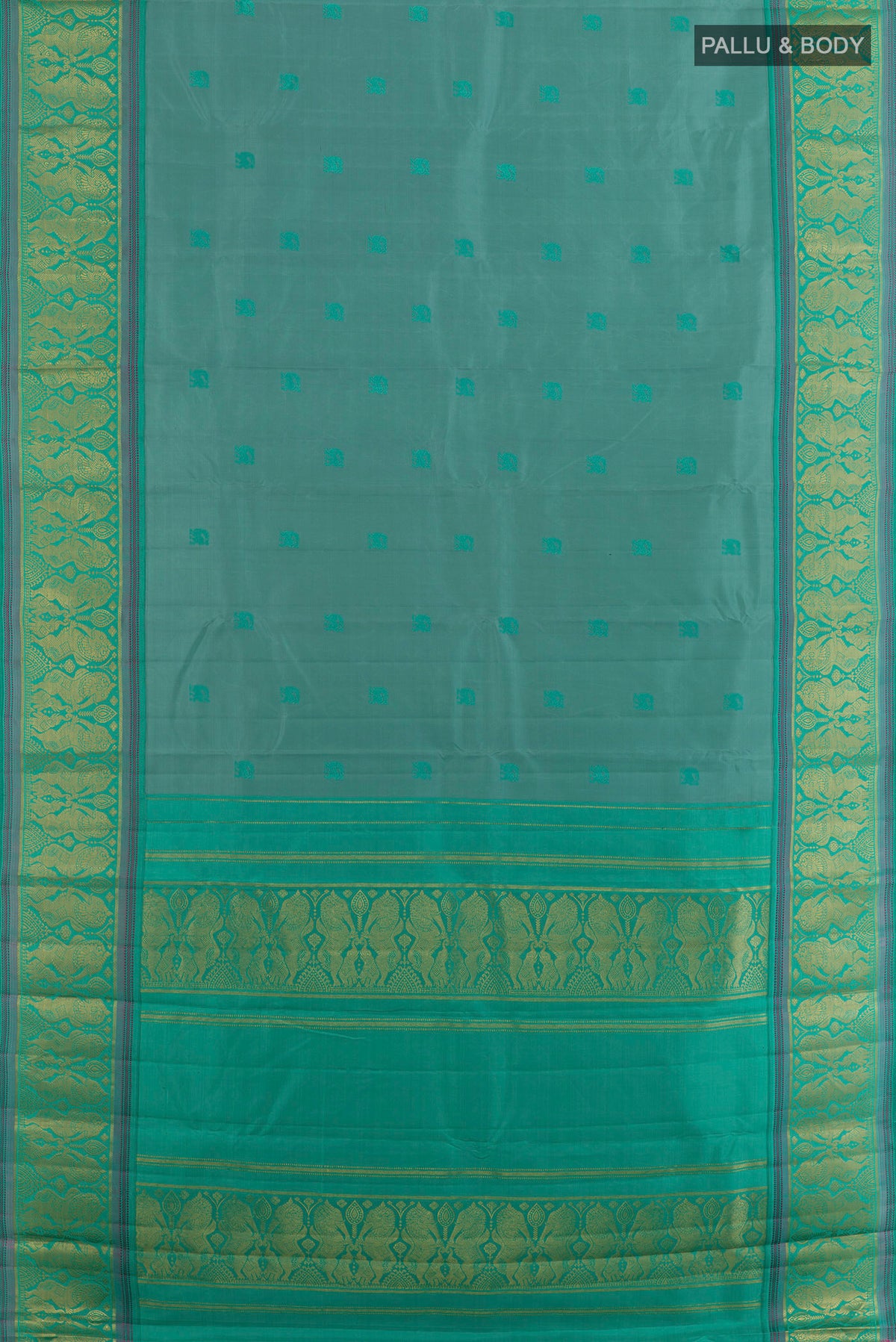 Flat view of Pure Silk Sage Green Kanjivaram Saree with Thread Butta on the body and Zari Border. 