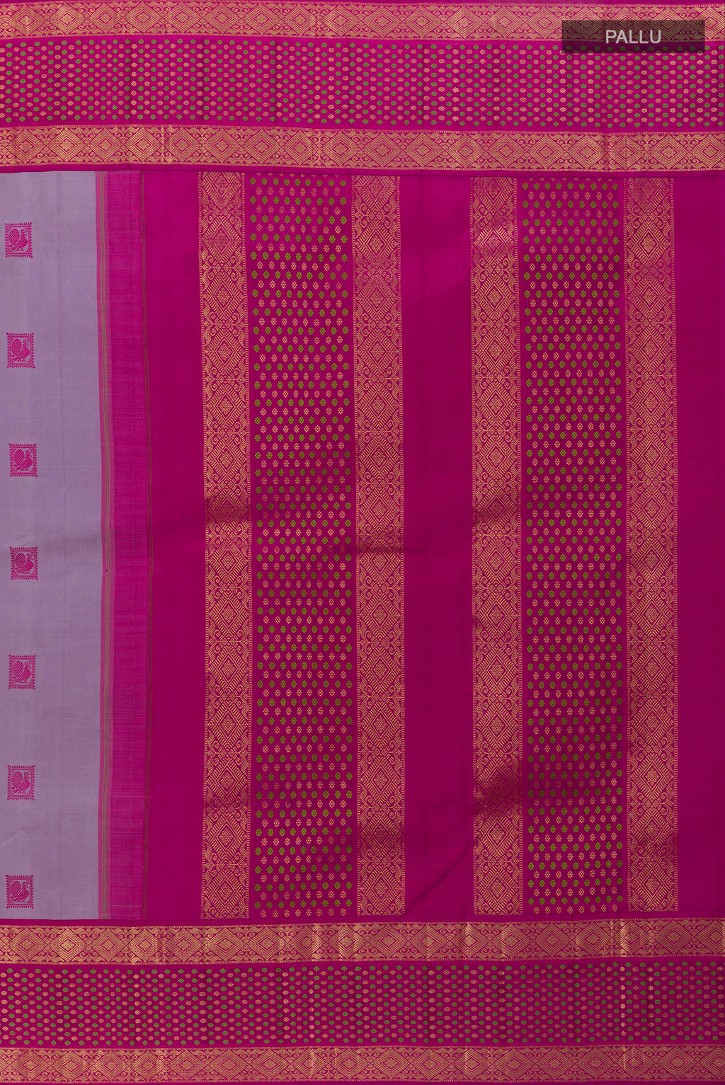 Close up image of the pallu of Pure Silk Lavender Kanjivaram Saree with Thread Butta on the body and Zari Border. 