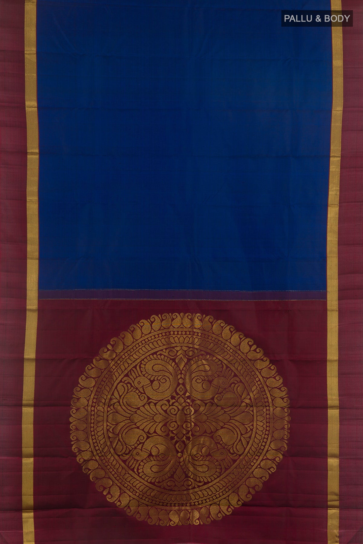 Flat view of Pure Silk Blue Kanchipuram Saree with Plain Body and Zari Border. 