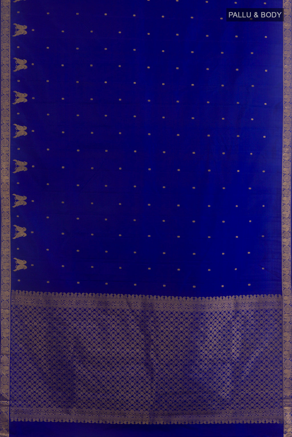 Flat view of Pure Silk Blue Kanjivaram Saree with Zari Butta on the body and Zari Border. 