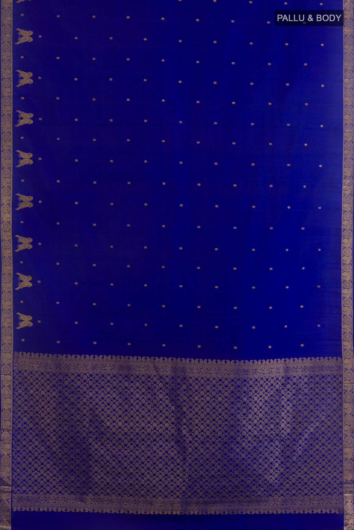 Flat view of Pure Silk Blue Kanjivaram Saree with Zari Butta on the body and Zari Border. 