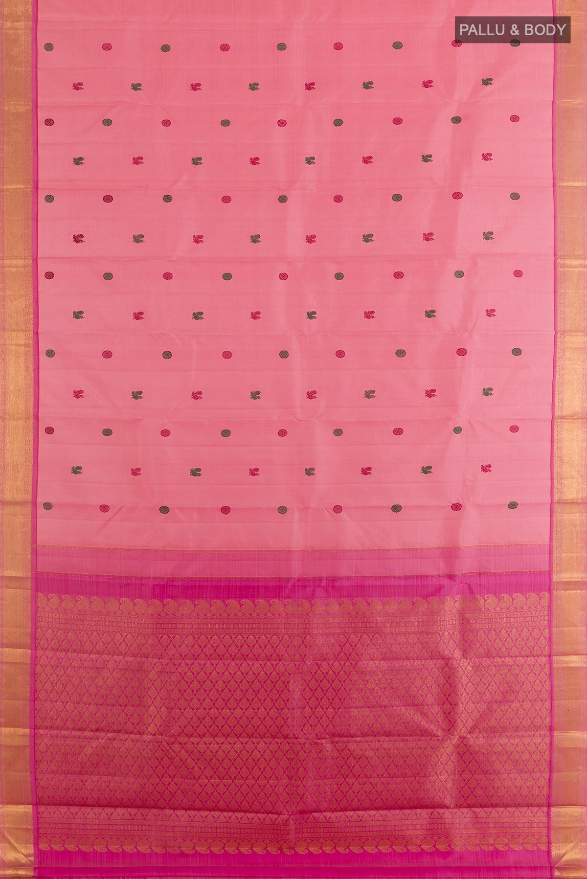 Flat view of Pure Silk Peach Kanjivaram Saree with Thread Butta on the body and Zari Border. 
