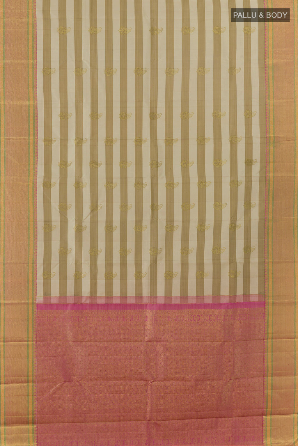 Flat view of Pure Silk Off White Kanjivaram Saree with Stripes on the body and Zari Border. 