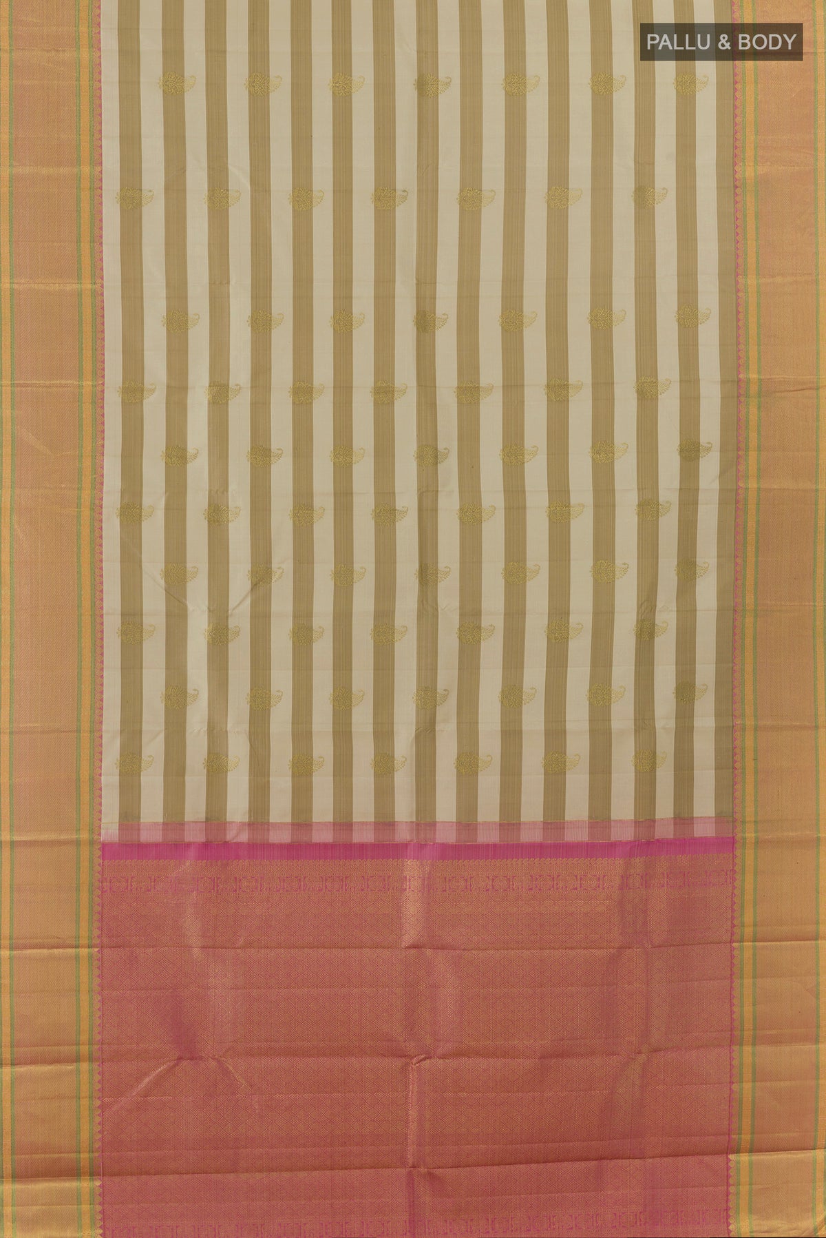 Flat view of Pure Silk Off White Kanjivaram Saree with Stripes on the body and Zari Border. 