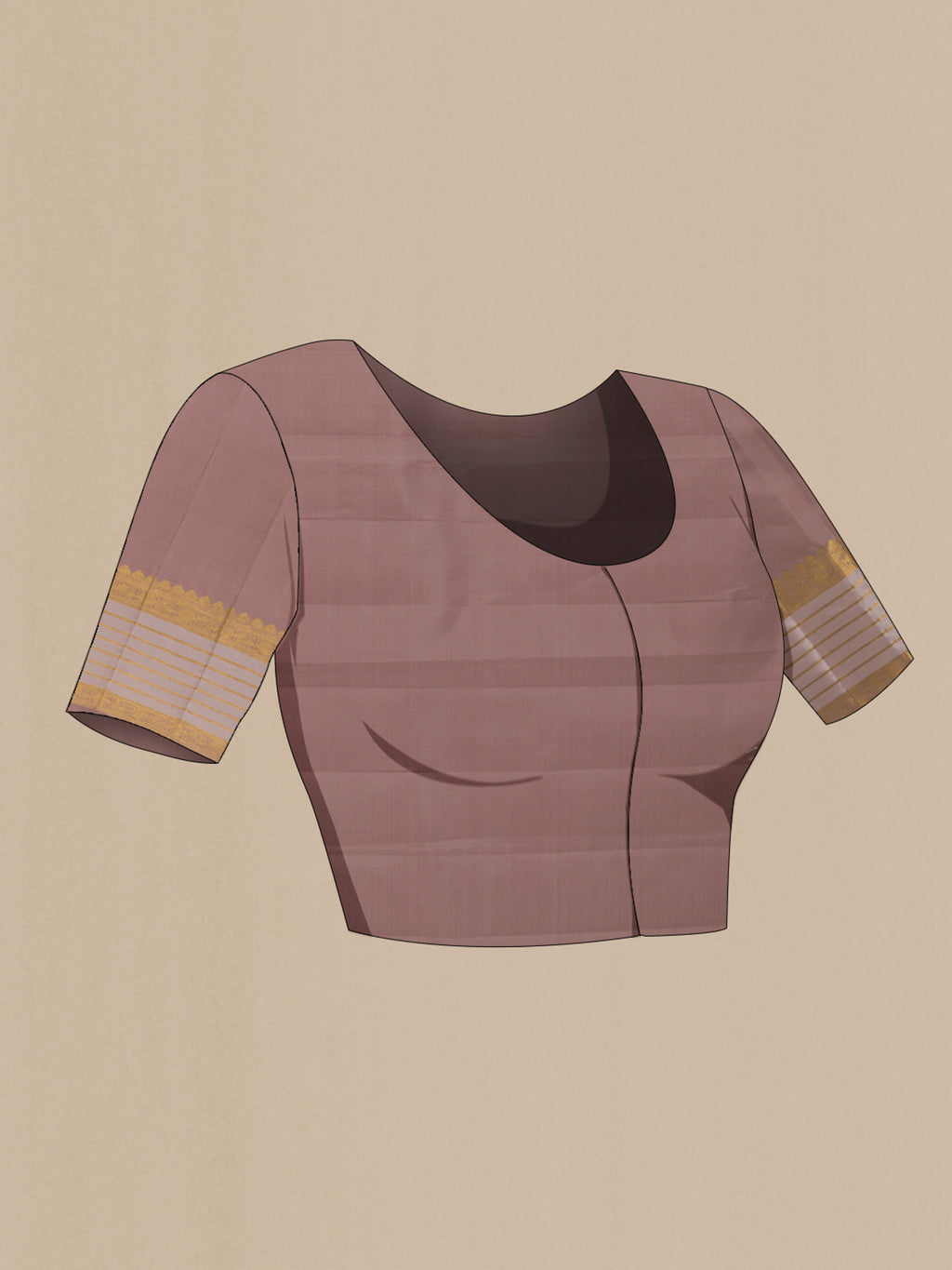 Close up image of the blouse of Pure Silk Brown Kanjivaram Saree with Zari Butta on the body and Zari Border. 
