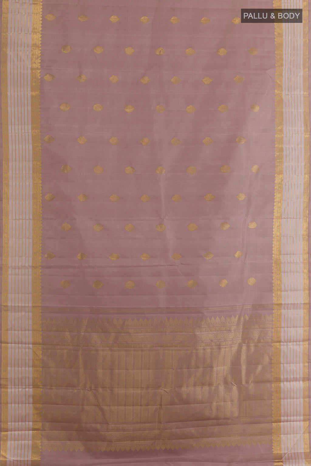 Flat view of Pure Silk Brown Kanjivaram Saree with Zari Butta on the body and Zari Border. 