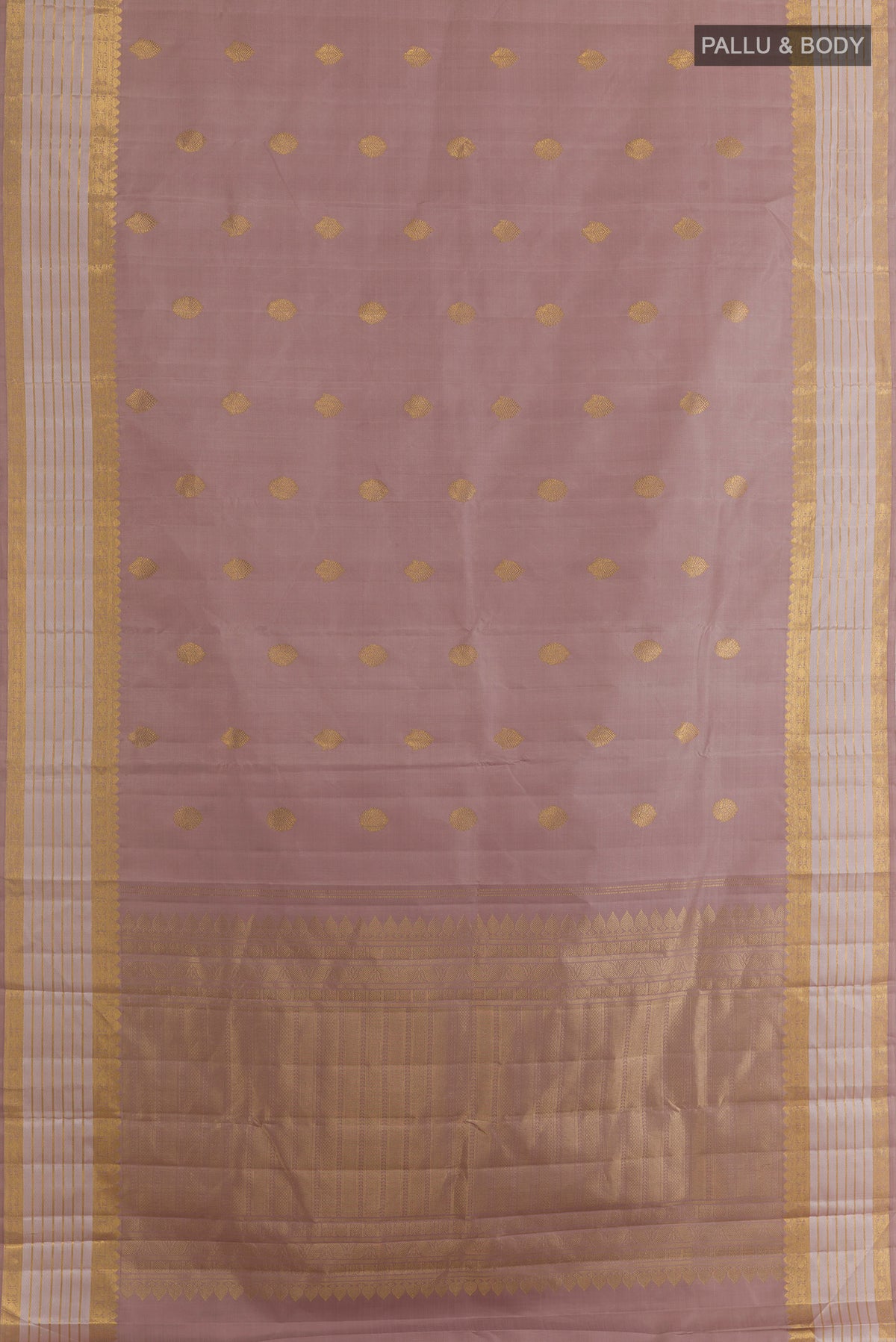 Flat view of Pure Silk Brown Kanjivaram Saree with Zari Butta on the body and Zari Border. 