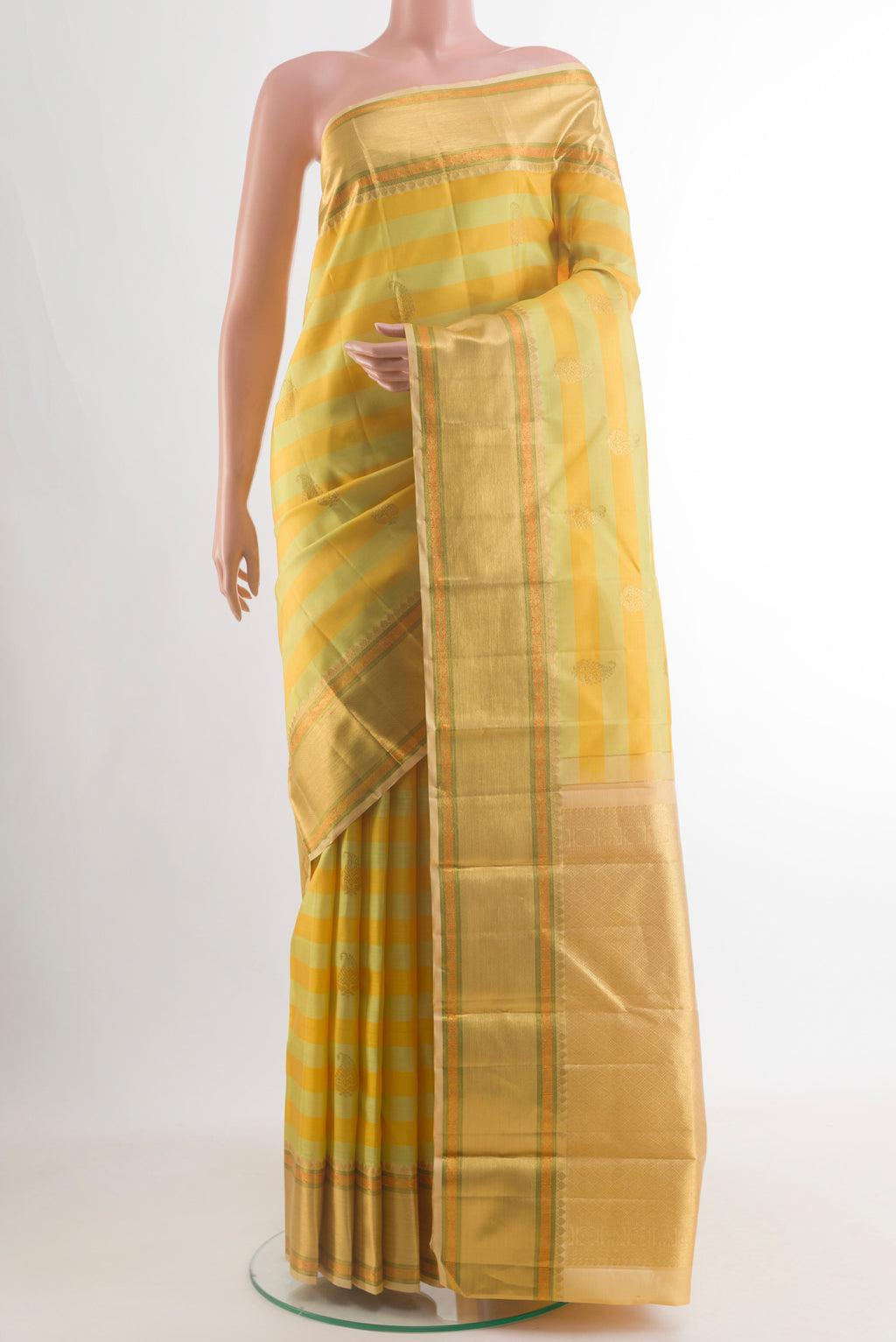 Pure Silk Yellow Kanjivaram Saree with Stripes on the body and Zari Border.  displayed on a mannequin