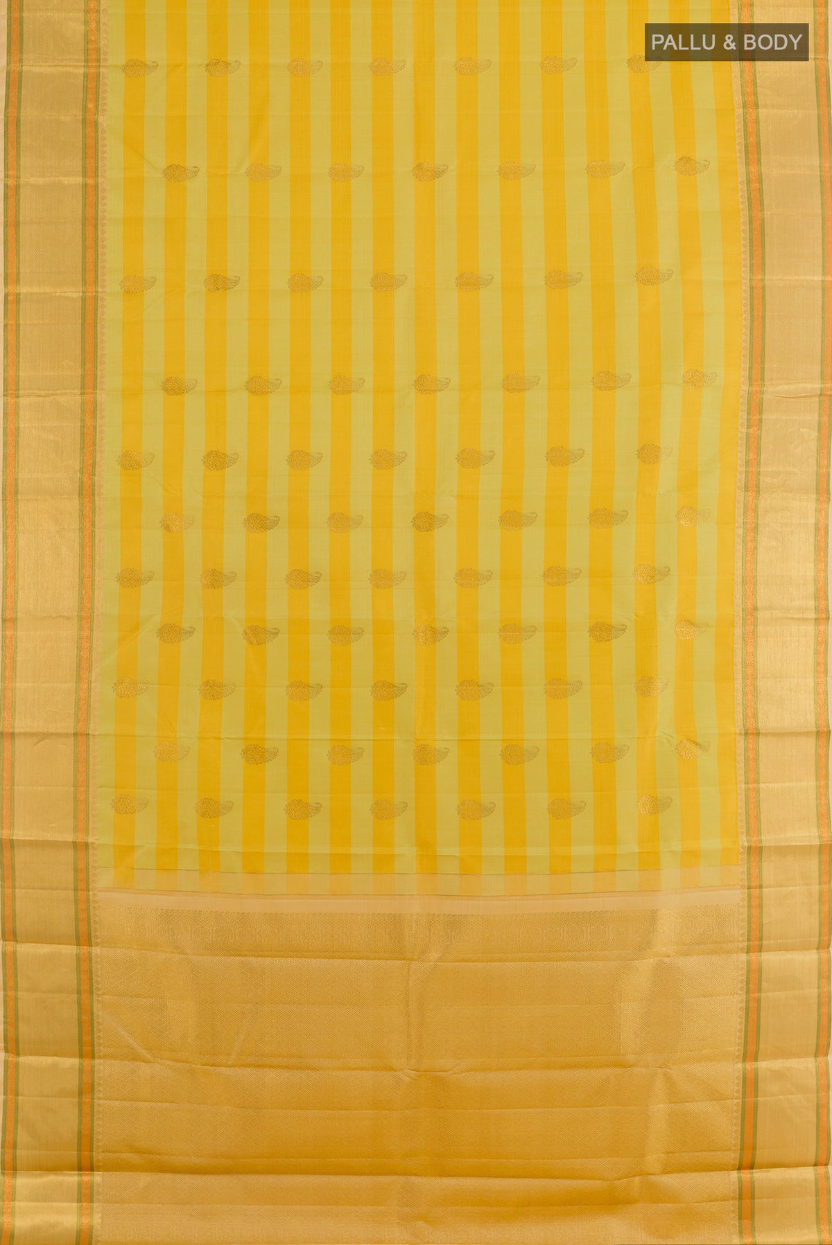 Flat view of Pure Silk Yellow Kanjivaram Saree with Stripes on the body and Zari Border. 