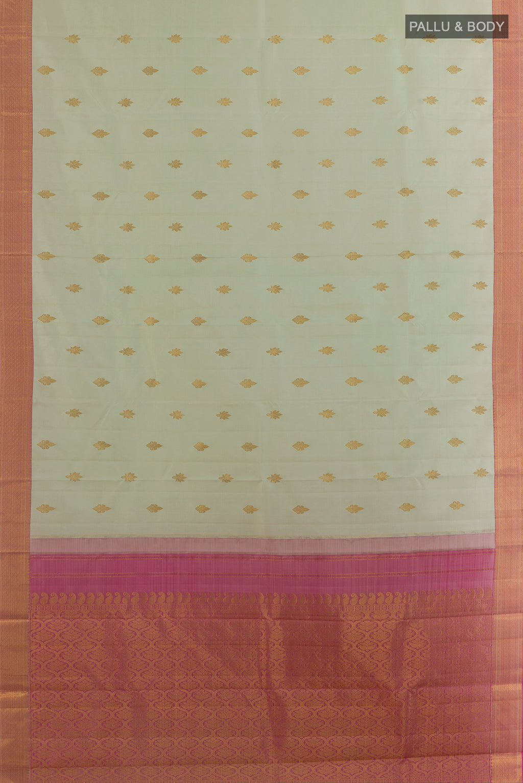 Flat view of Pure Silk Light Green Kanchipuram Saree with Zari Butta on the body and Zari Border. 
