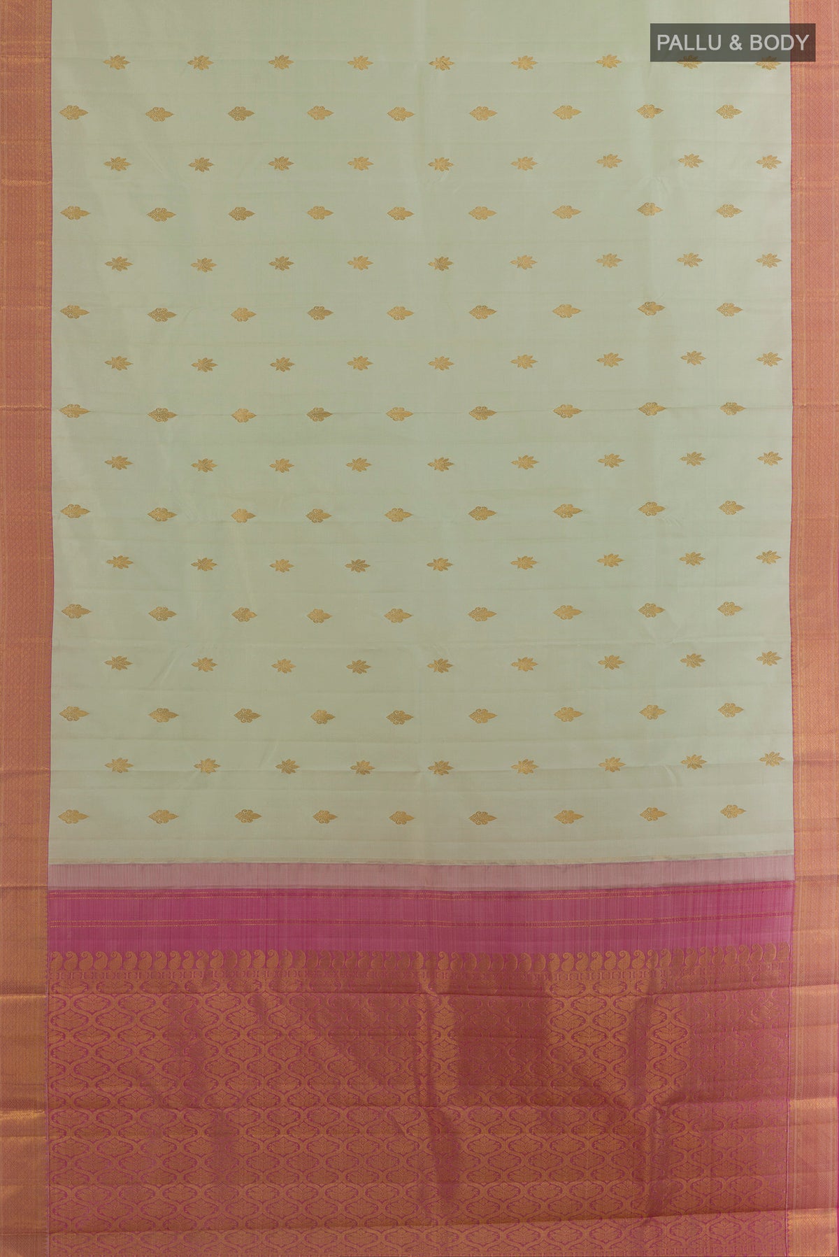 Flat view of Pure Silk Light Green Kanchipuram Saree with Zari Butta on the body and Zari Border. 