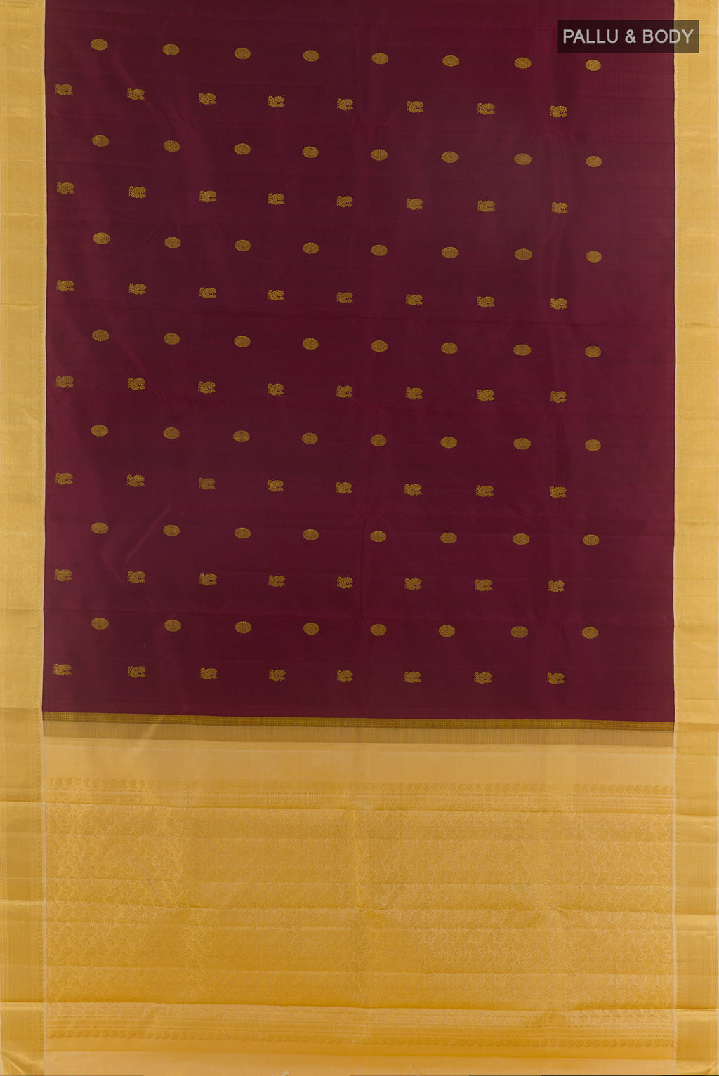 Flat view of Pure Silk Maroon Kanjivaram Saree with Zari Butta on the body and Zari Border. 
