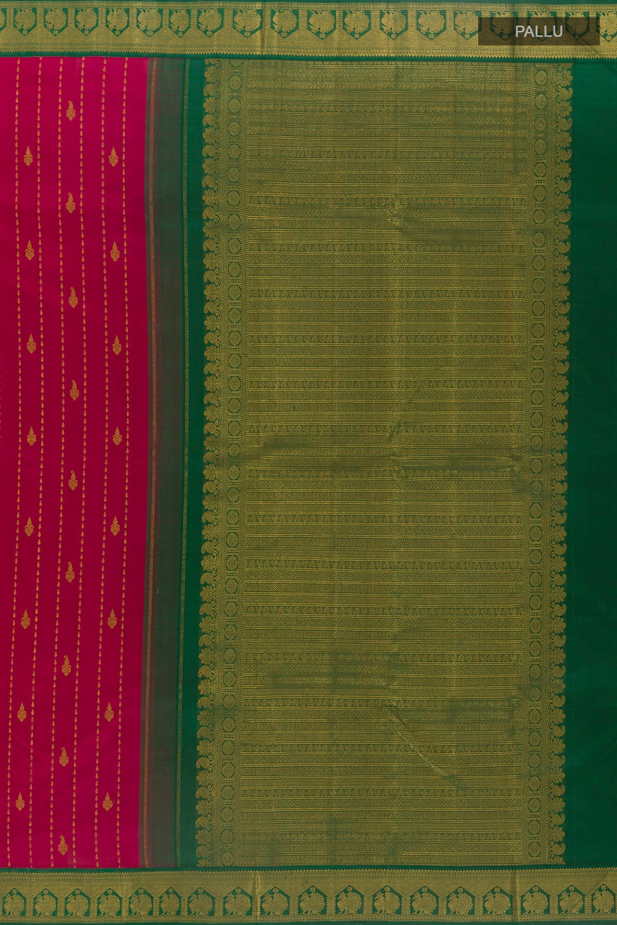 Close up image of the pallu of Pure Silk Red Kanjivaram Saree with Zari Butta on the body and Zari Border. 