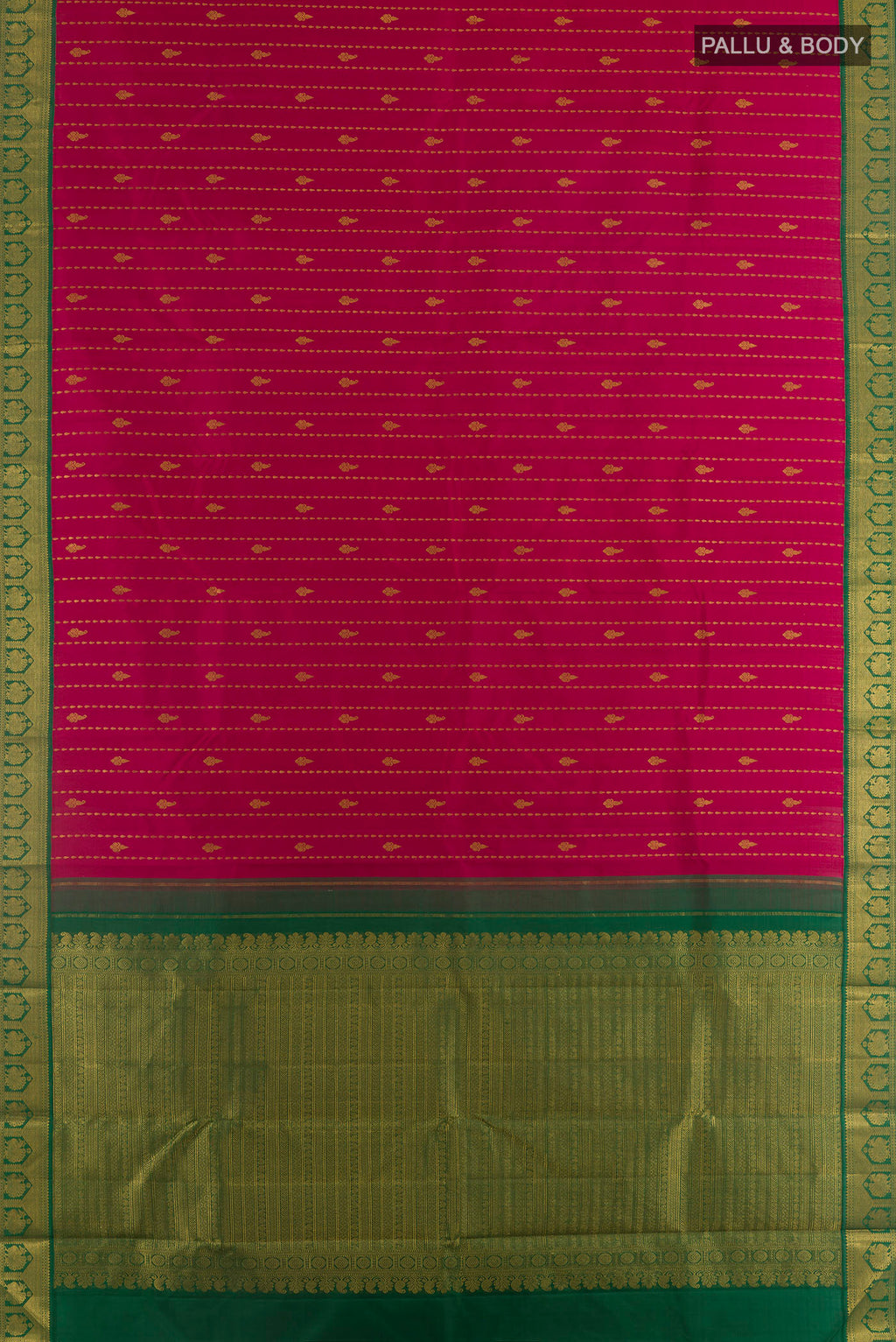 Flat view of Pure Silk Red Kanjivaram Saree with Zari Butta on the body and Zari Border. 