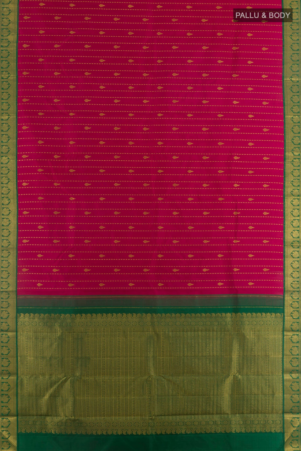 Flat view of Pure Silk Red Kanjivaram Saree with Zari Butta on the body and Zari Border. 