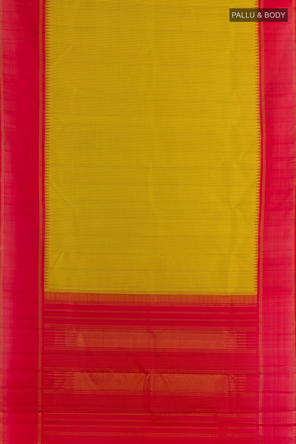 Flat view of Pure Silk Light Green Kanjivaram Saree with Checked design on the body and Zari Border. 