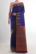 Pure Silk Dark Blue Kanjivaram Saree with Zari Butta on the body and Fancy Border.  displayed on a mannequin