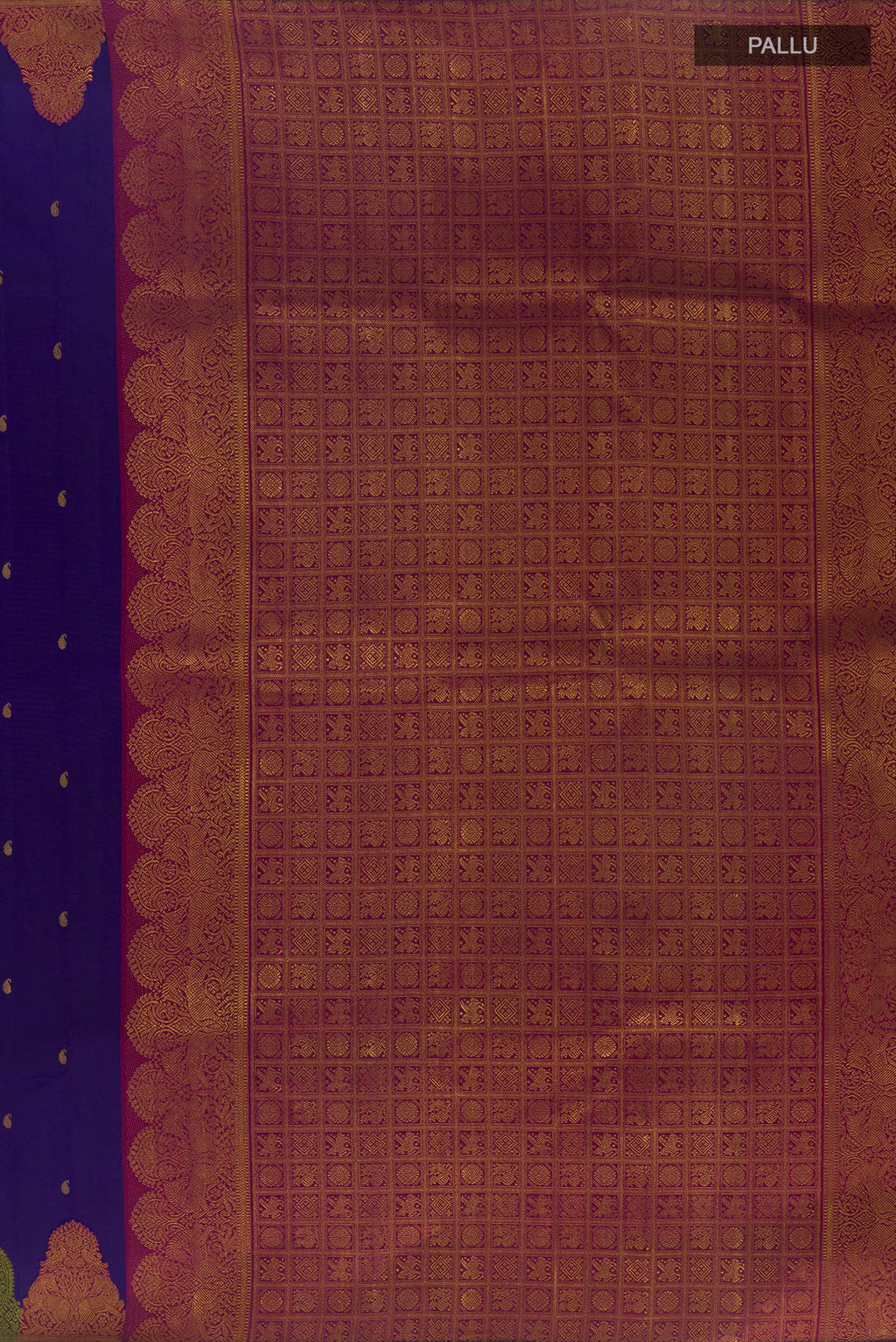 Close up image of the pallu of Pure Silk Dark Blue Kanjivaram Saree with Zari Butta on the body and Fancy Border. 