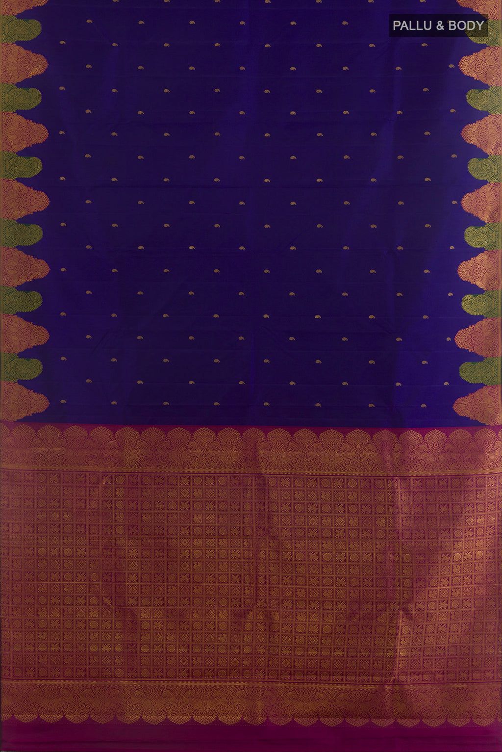 Flat view of Pure Silk Dark Blue Kanjivaram Saree with Zari Butta on the body and Fancy Border. 