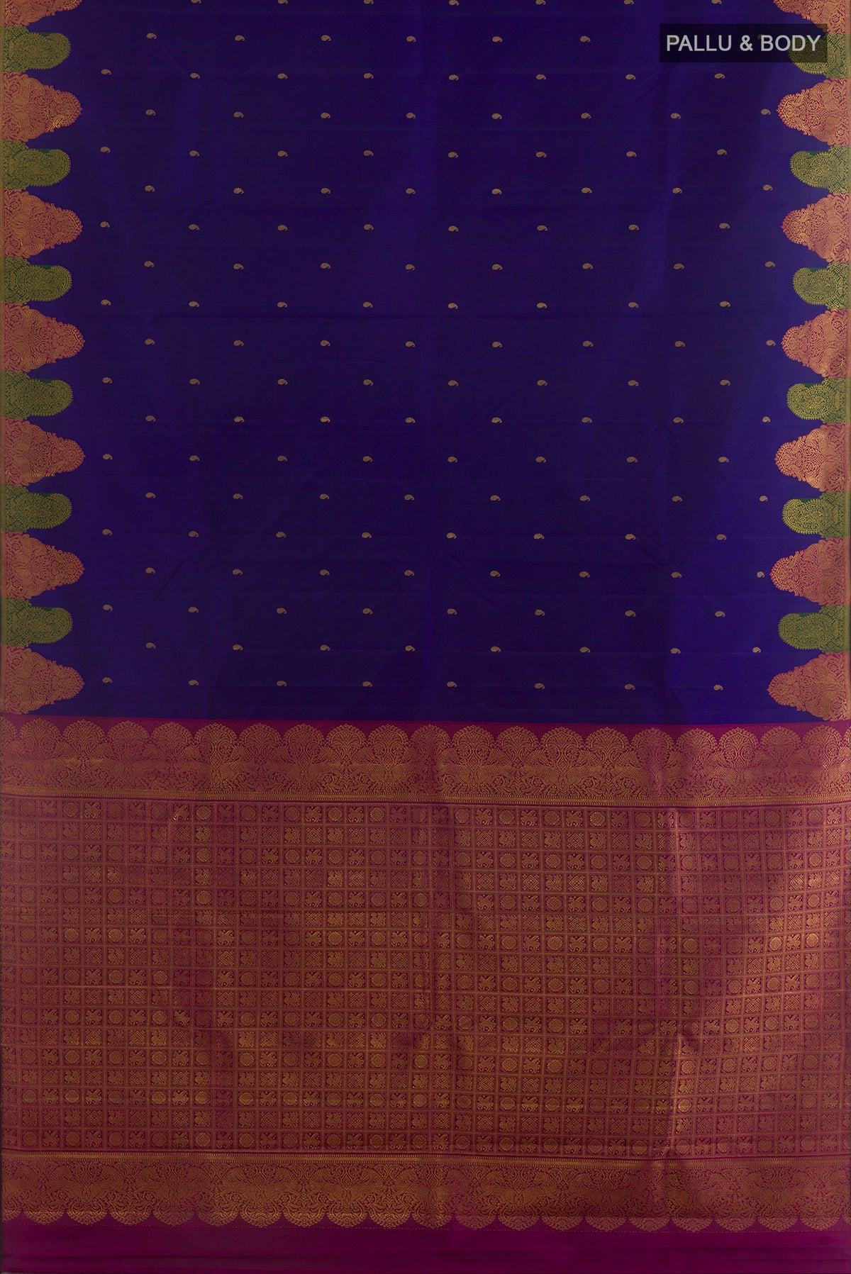 Flat view of Pure Silk Dark Blue Kanjivaram Saree with Zari Butta on the body and Fancy Border. 