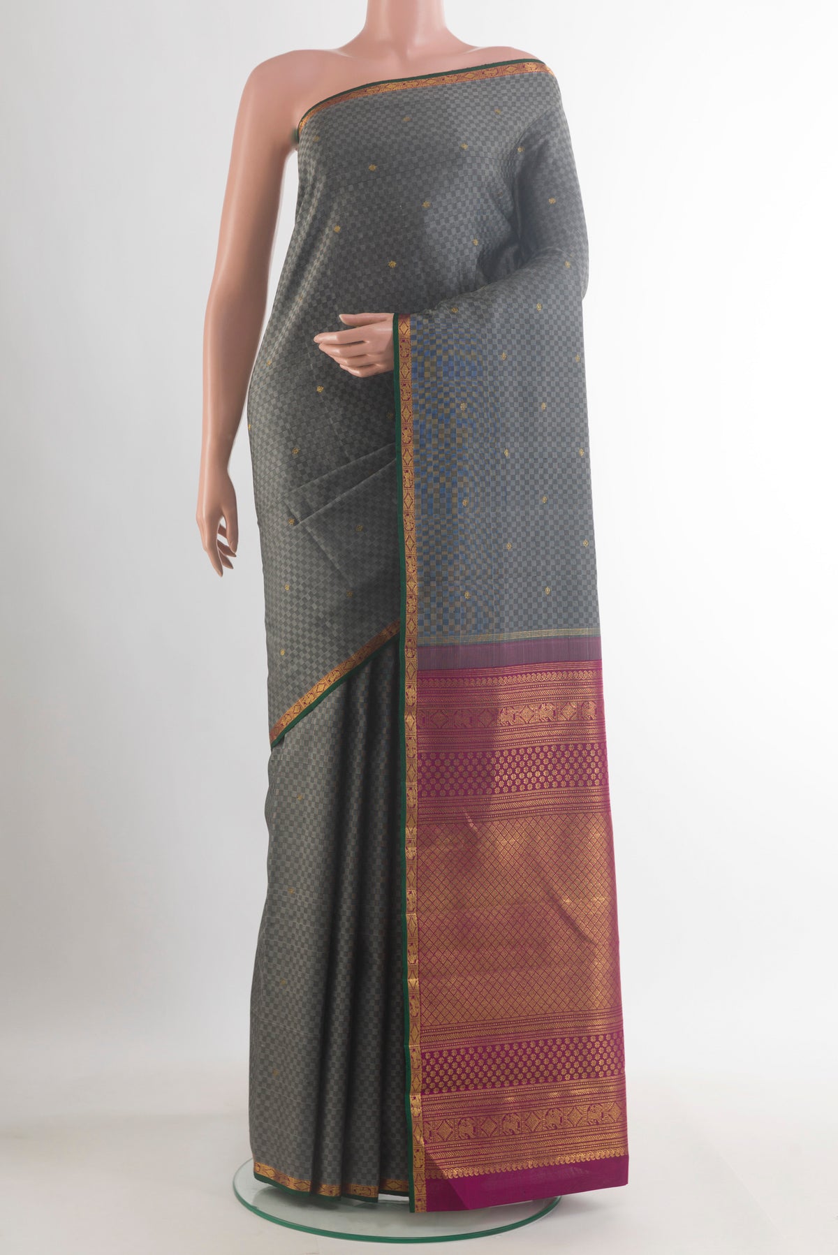 Pure Silk Grey Kanjivaram Saree with Jacquard With Zari Butta on the body and Zari Border.  displayed on a mannequin