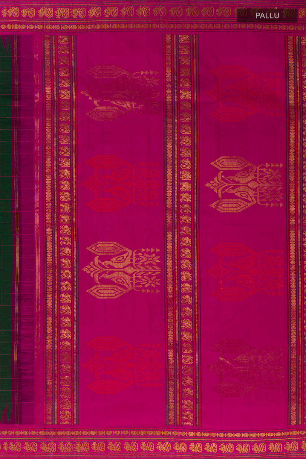 Close up image of the pallu of Pure Silk Green Kanjivaram Saree with Checked design on the body and Zari Border. 