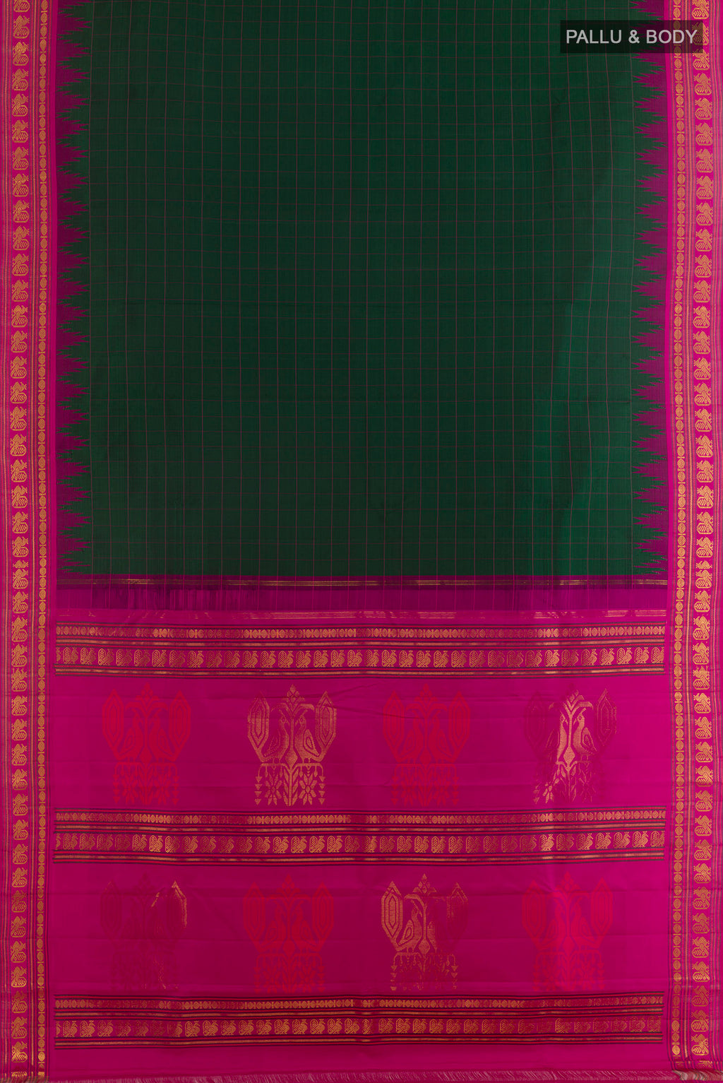 Flat view of Pure Silk Green Kanjivaram Saree with Checked design on the body and Zari Border. 