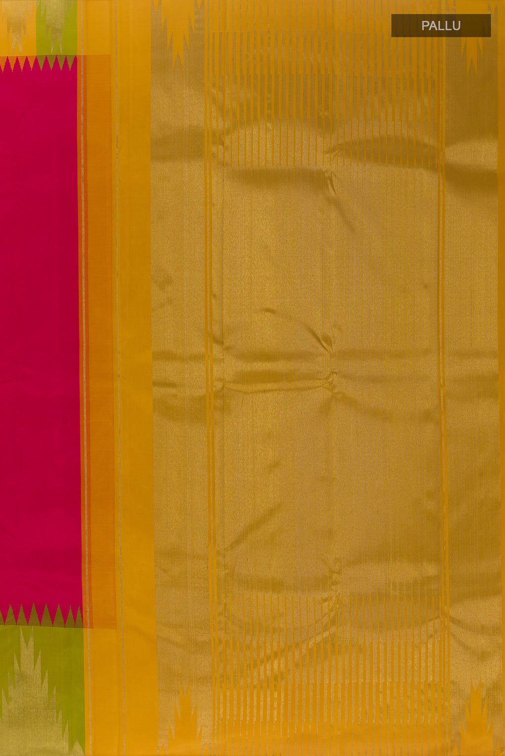 Close up image of the pallu of Pure Silk Pure Zari Pink Kanjivaram Saree with Plain Body and Temple Border. 