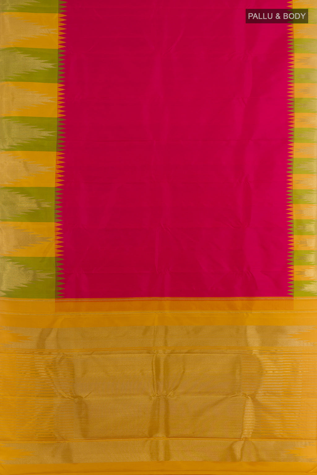 Flat view of Pure Silk Pure Zari Pink Kanjivaram Saree with Plain Body and Temple Border. 