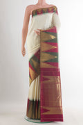 Pure Silk Pure Zari Off White Kanjivaram Saree with Plain Body and Temple Border.  displayed on a mannequin