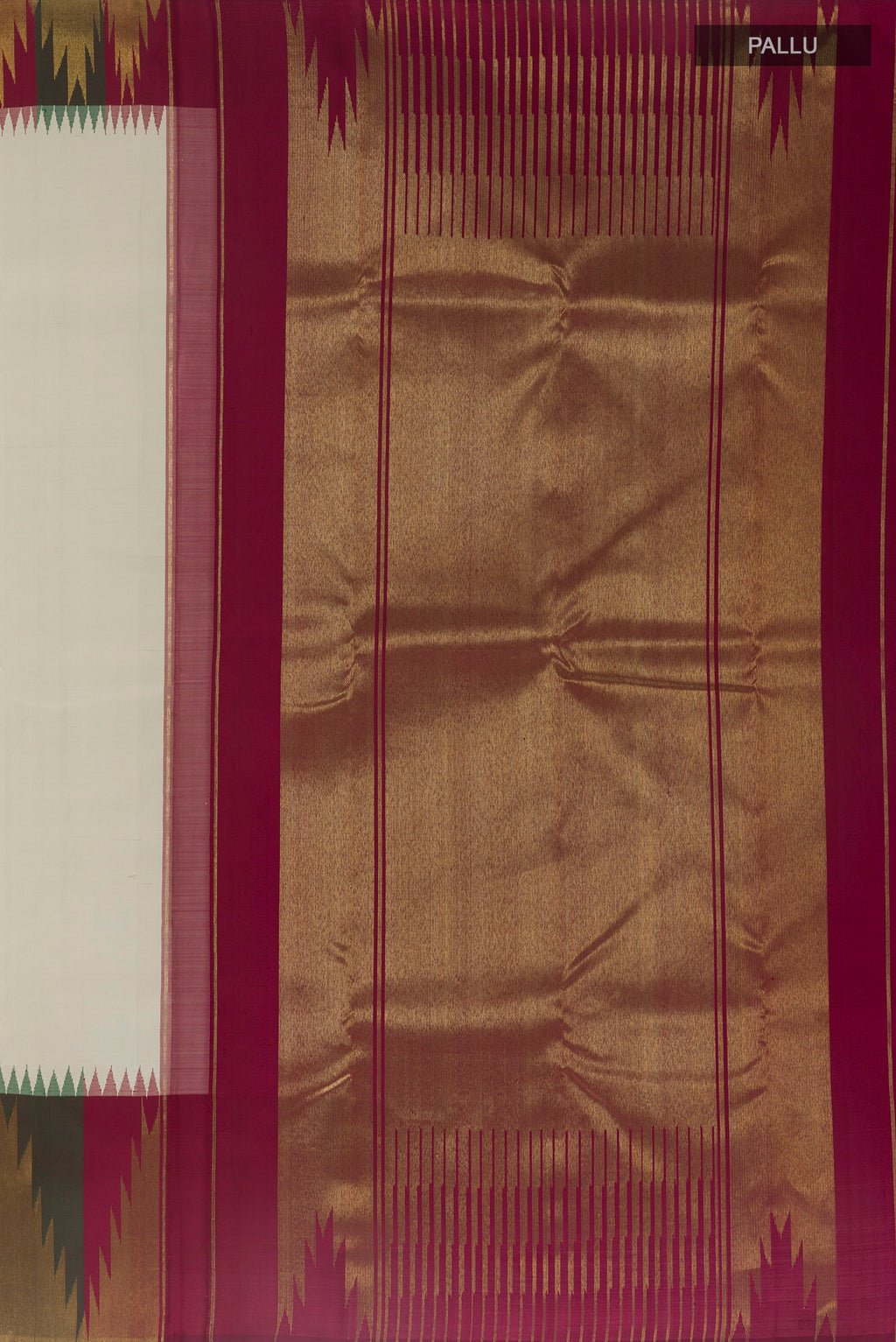 Close up image of the pallu of Pure Silk Pure Zari Off White Kanjivaram Saree with Plain Body and Temple Border. 