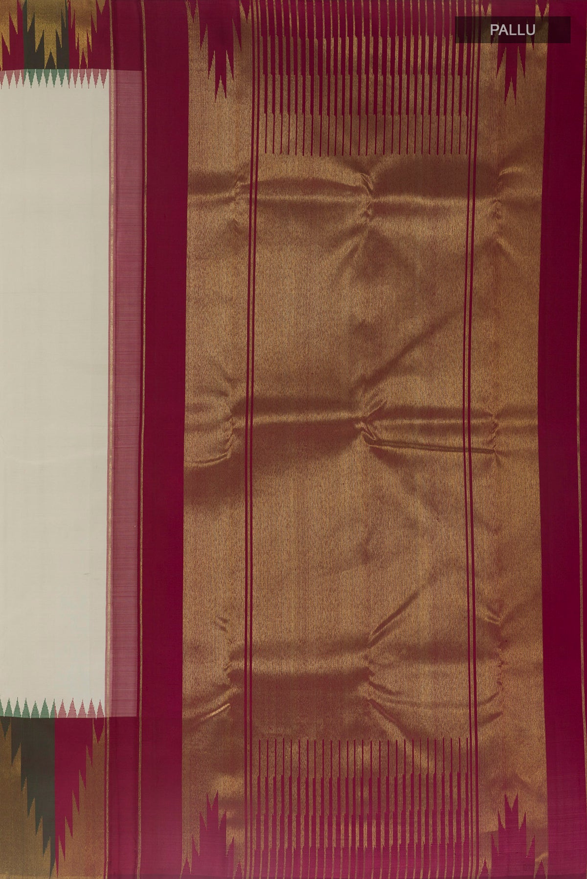 Close up image of the pallu of Pure Silk Pure Zari Off White Kanjivaram Saree with Plain Body and Temple Border. 