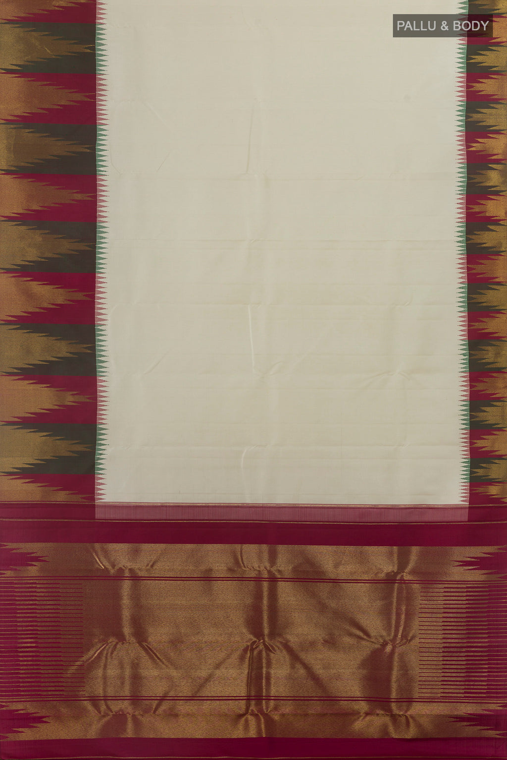 Flat view of Pure Silk Pure Zari Off White Kanjivaram Saree with Plain Body and Temple Border. 