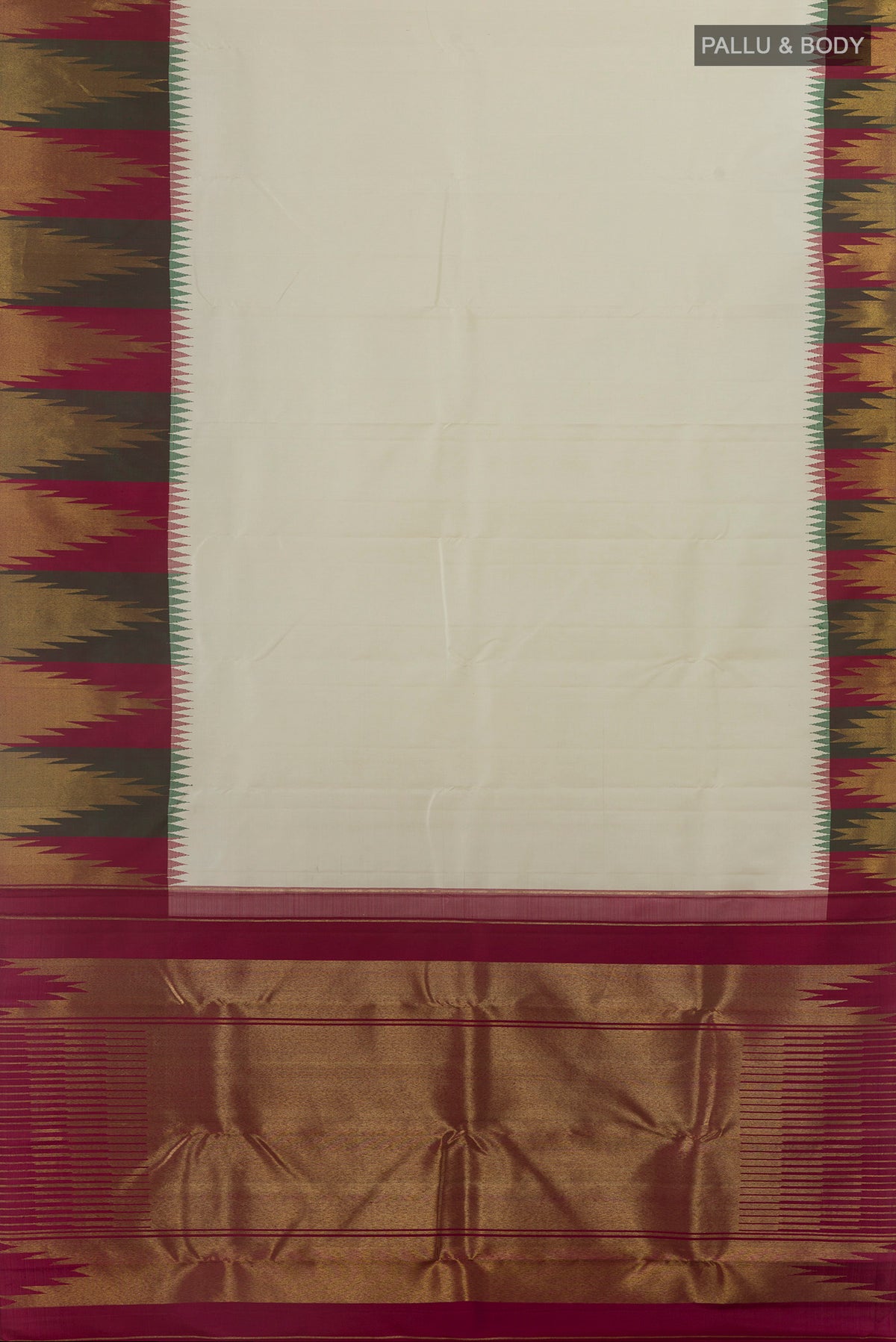 Flat view of Pure Silk Pure Zari Off White Kanjivaram Saree with Plain Body and Temple Border. 