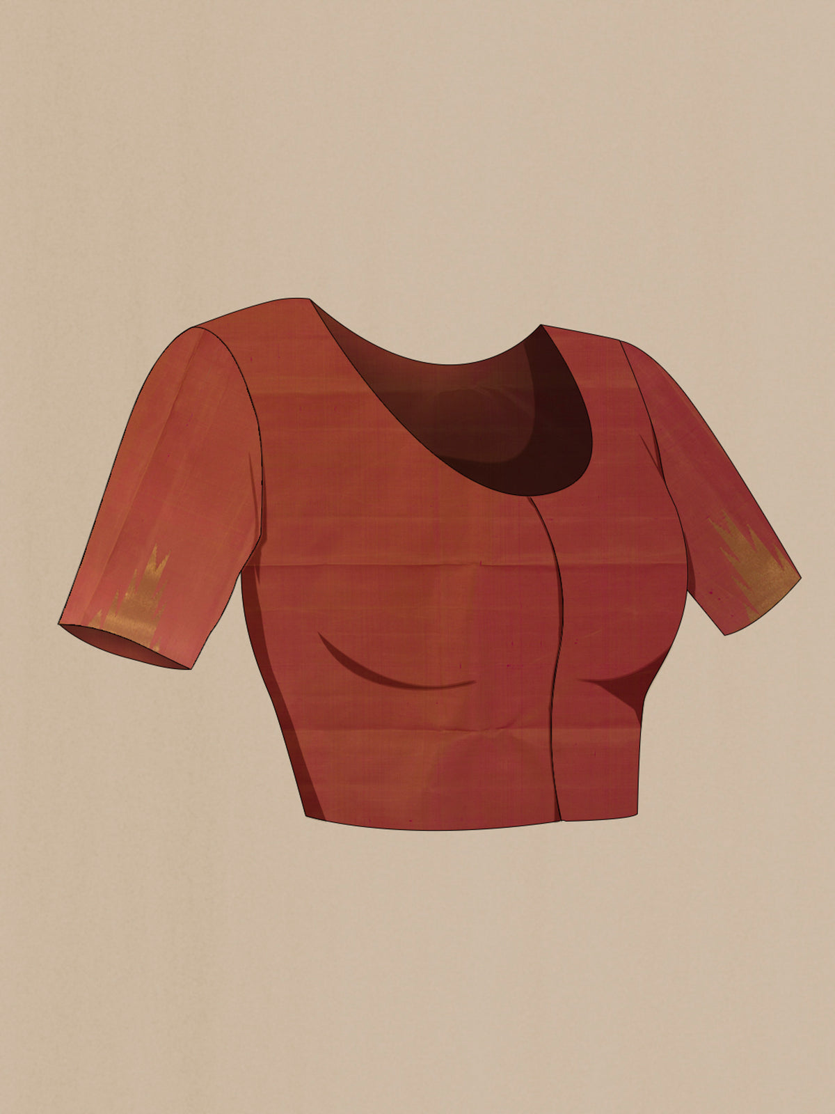 Close up image of the blouse of Pure Silk Pure Zari Beige Kanjivaram Saree with Plain Body and Temple Border. 