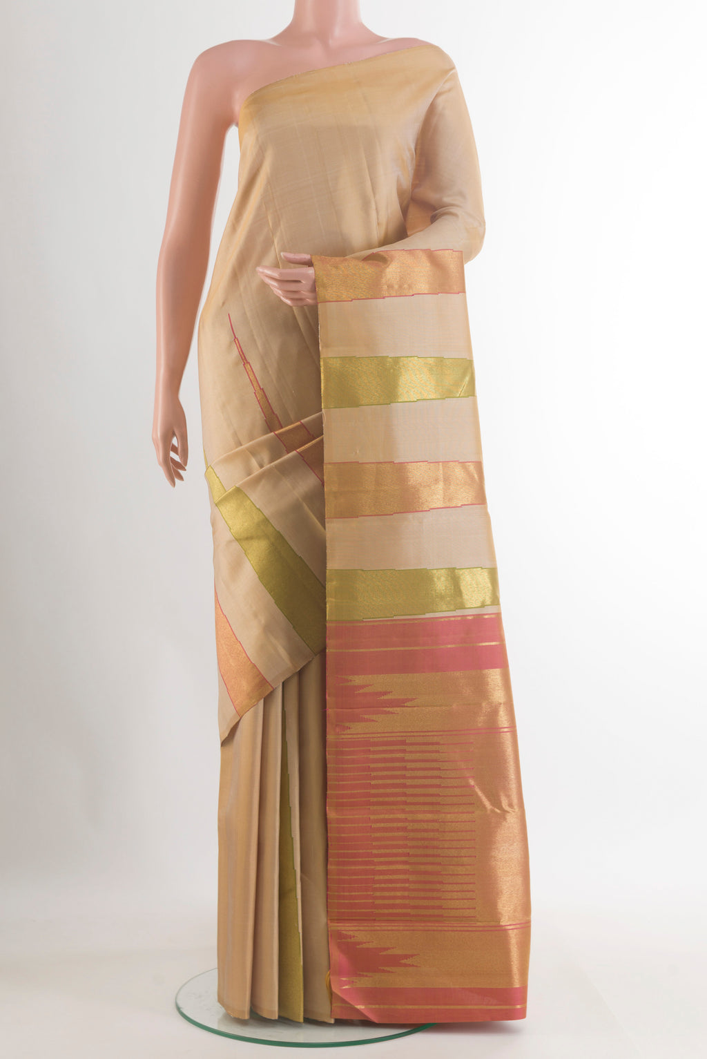 Pure Silk Pure Zari Beige Kanjivaram Saree with Plain Body and Temple Border.  displayed on a mannequin