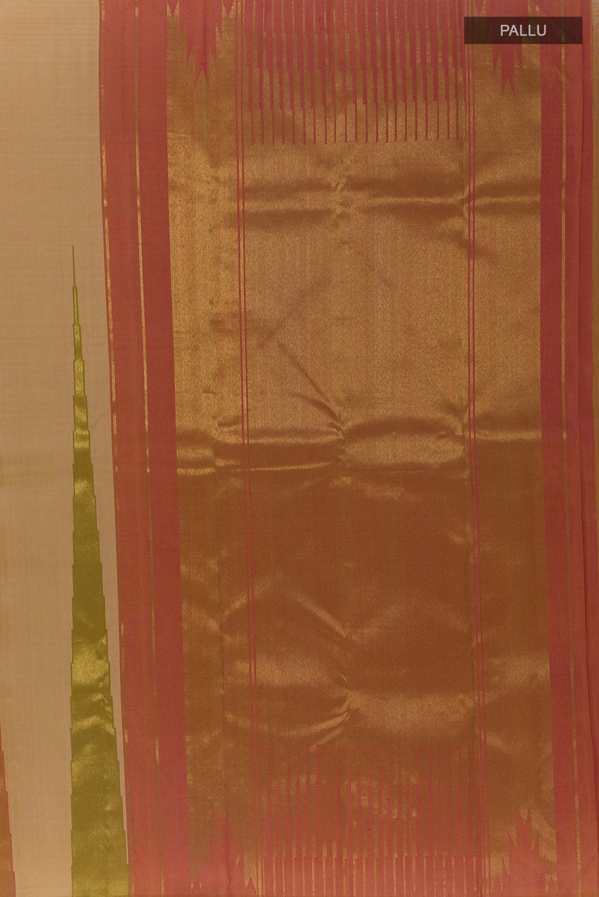 Close up image of the pallu of Pure Silk Pure Zari Beige Kanjivaram Saree with Plain Body and Temple Border. 