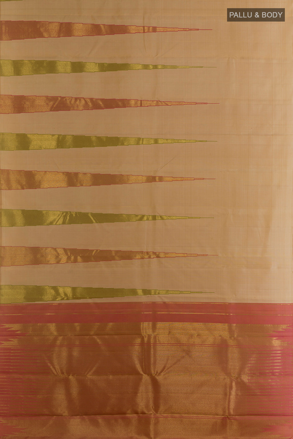 Flat view of Pure Silk Pure Zari Beige Kanjivaram Saree with Plain Body and Temple Border. 