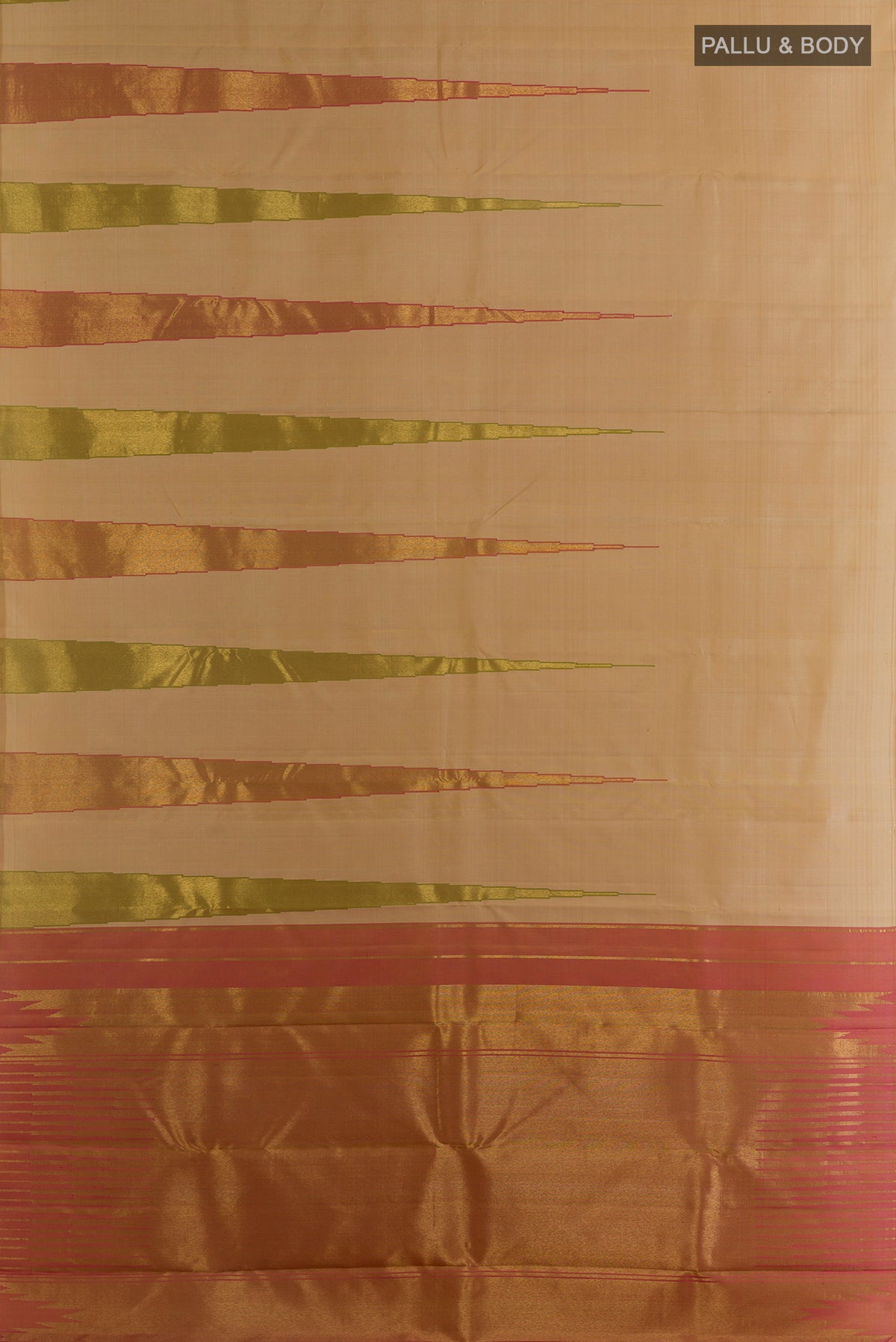 Flat view of Pure Silk Pure Zari Beige Kanjivaram Saree with Plain Body and Temple Border. 
