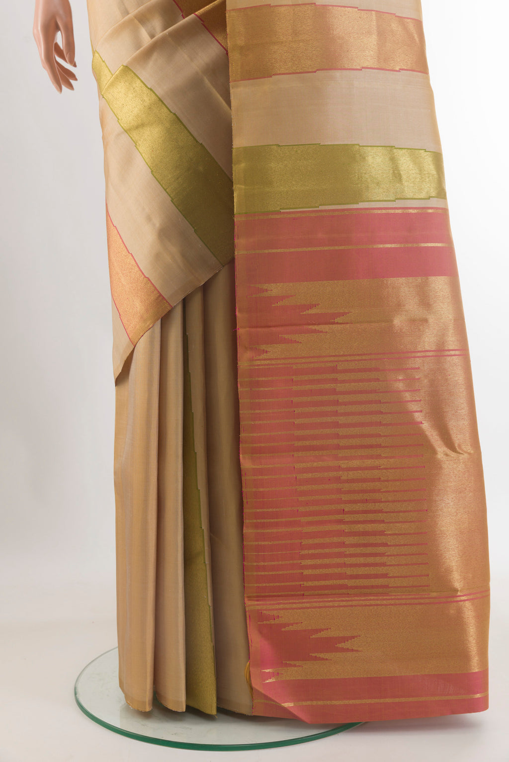 Pleats and pallu of Pure Silk Pure Zari Beige Kanjivaram Saree with Plain Body and Temple Border. 