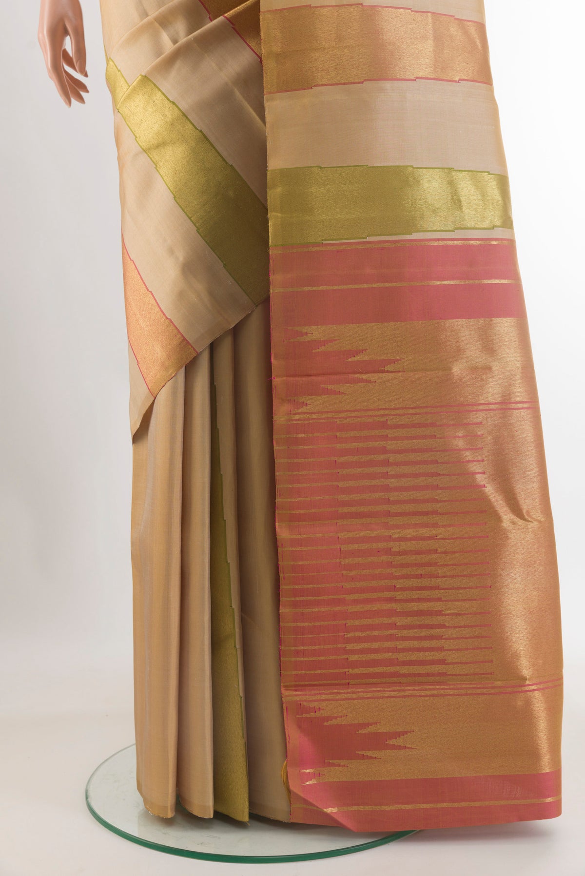Pleats and pallu of Pure Silk Pure Zari Beige Kanjivaram Saree with Plain Body and Temple Border. 