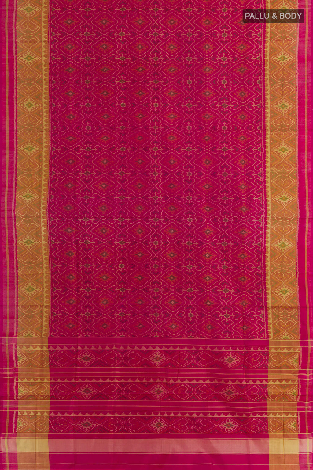 Flat view of Pure Silk Pink Rajkot Patola Saree with Pure Ikat on the body and Ikat Border. 
