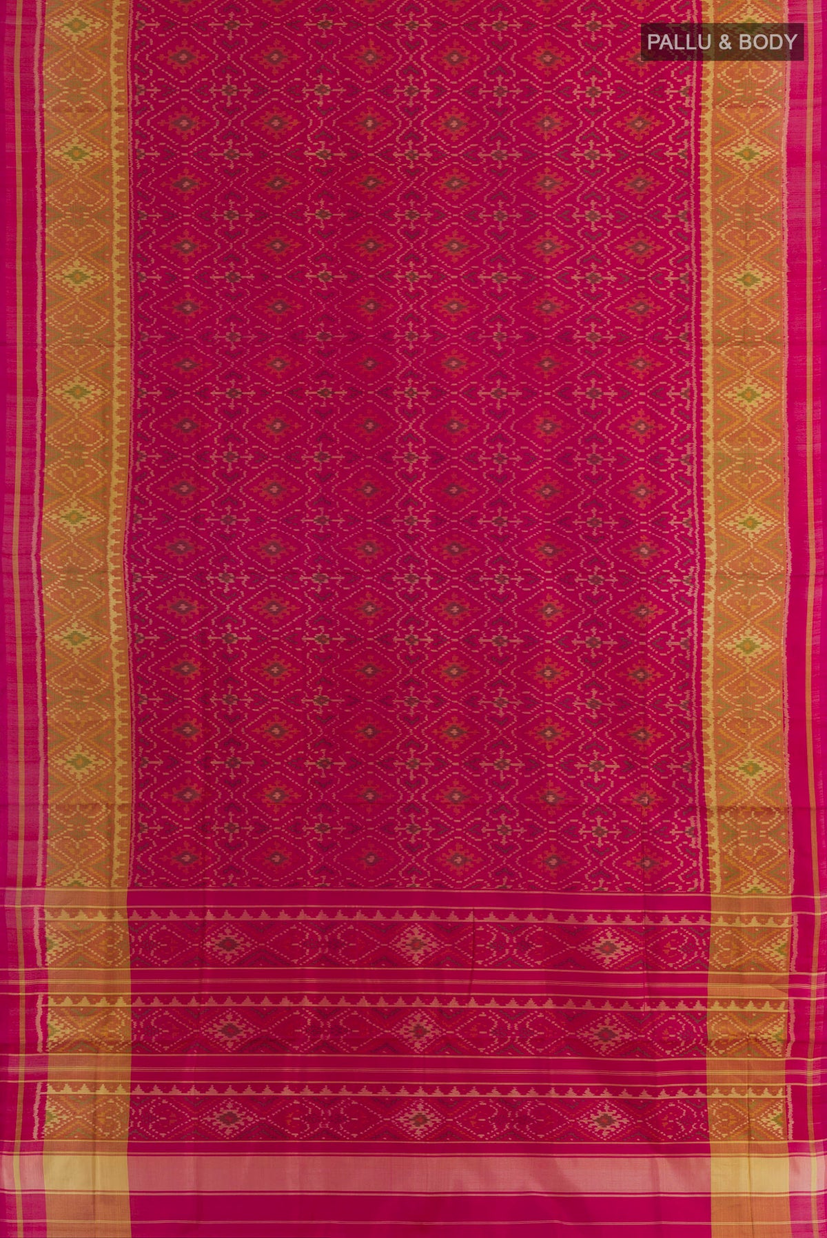 Flat view of Pure Silk Pink Rajkot Patola Saree with Pure Ikat on the body and Ikat Border. 