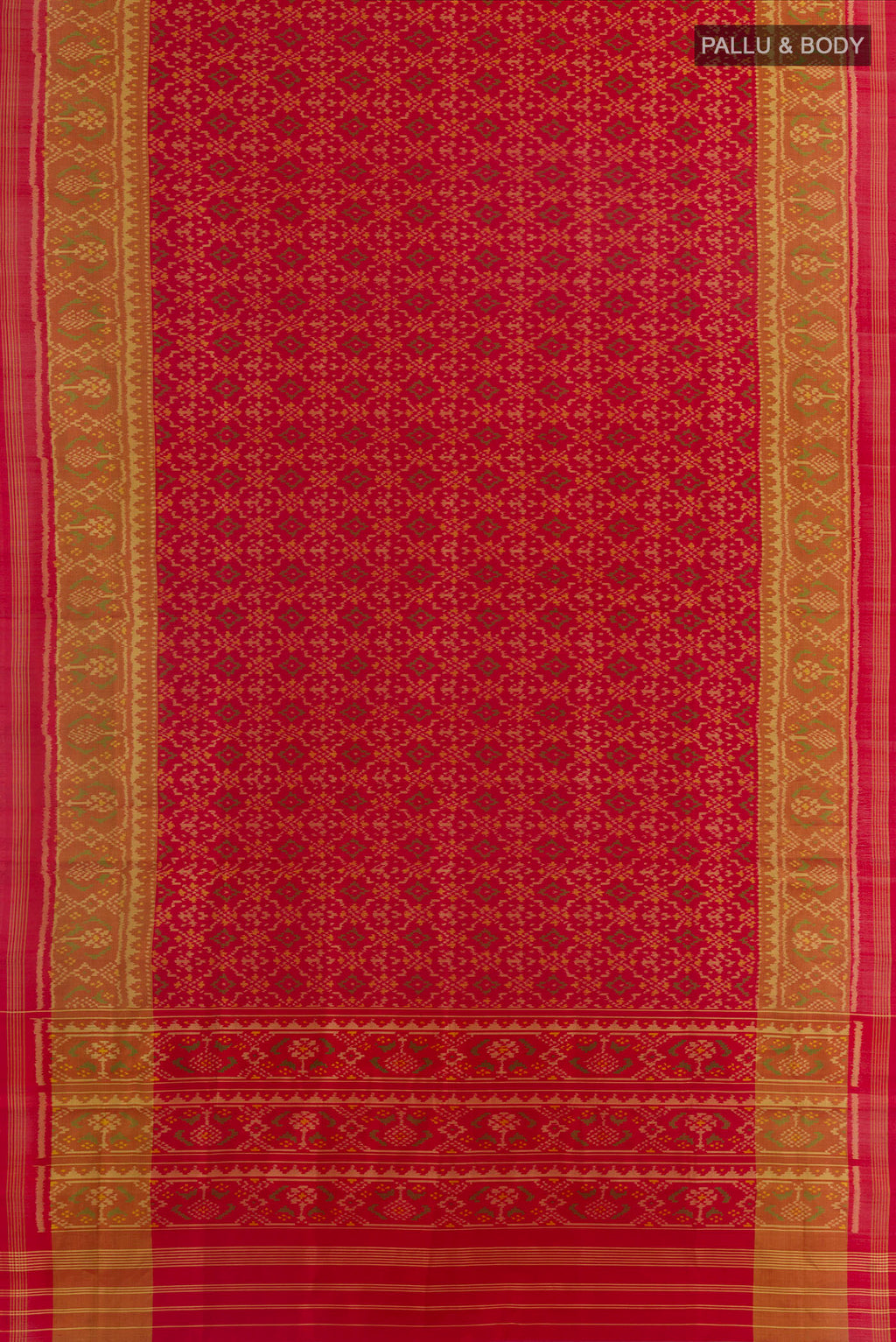 Flat view of Pure Silk Red Rajkot Patola Saree with Pure Ikat on the body and Ikat Border. 