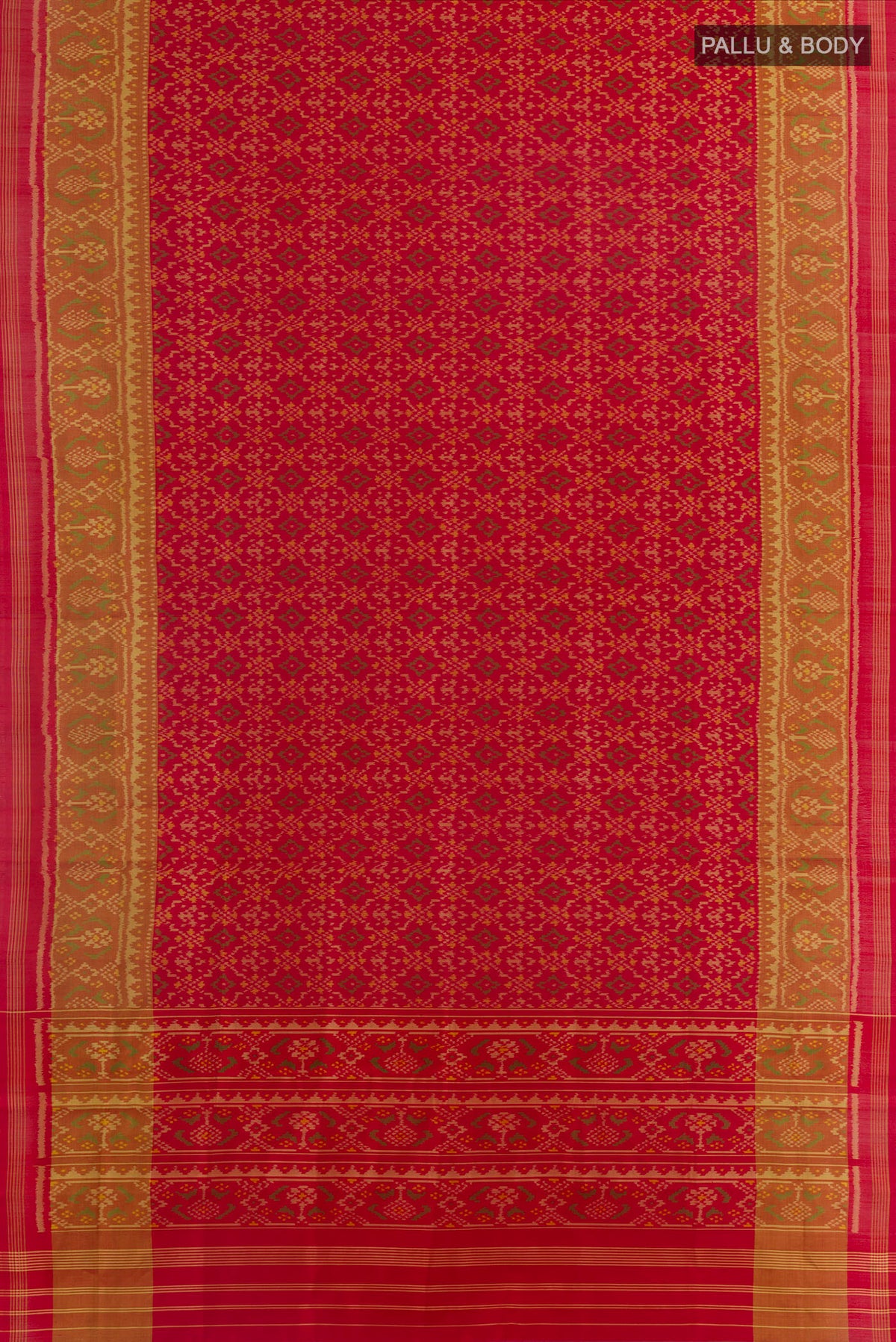 Flat view of Pure Silk Red Rajkot Patola Saree with Pure Ikat on the body and Ikat Border. 
