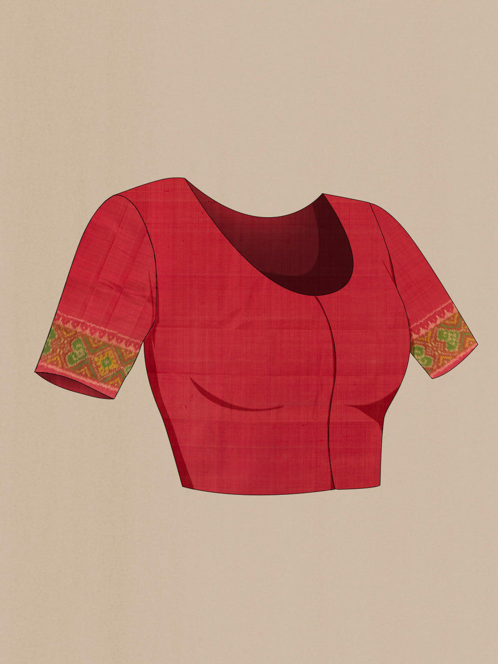 Close up image of the blouse of Pure Silk Imperial Red Rajkot Patola Saree with Pure Ikat on the body and Zari Border. 