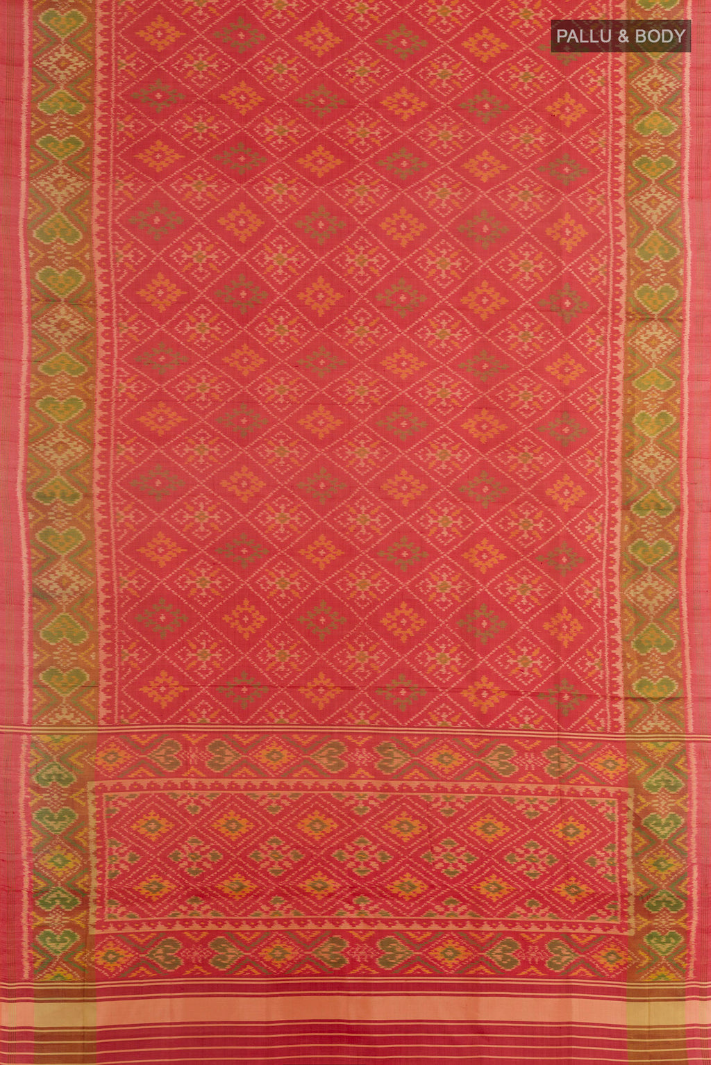Flat view of Pure Silk Imperial Red Rajkot Patola Saree with Pure Ikat on the body and Zari Border. 
